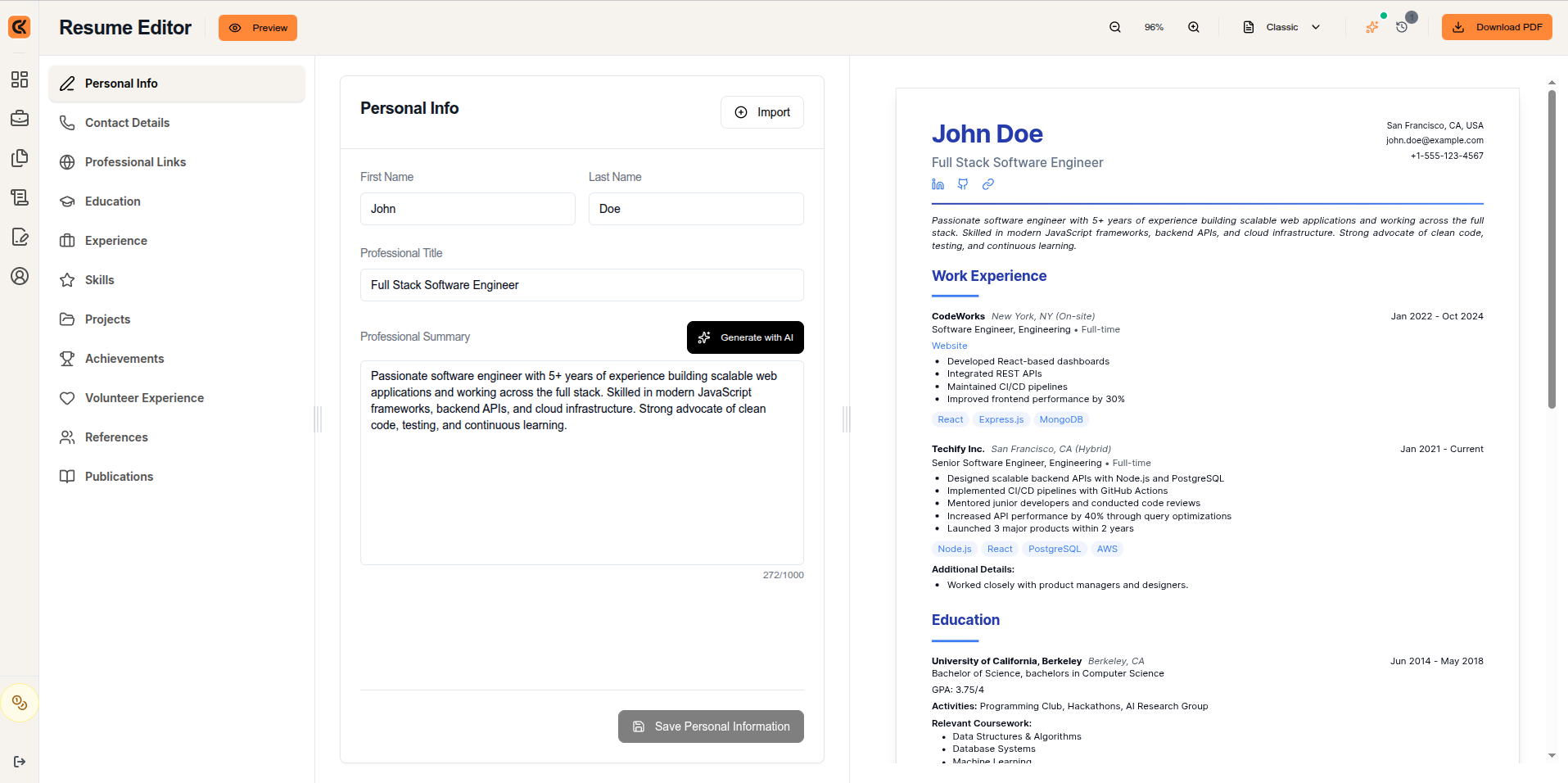 CareerKor resume editor with live resume preview